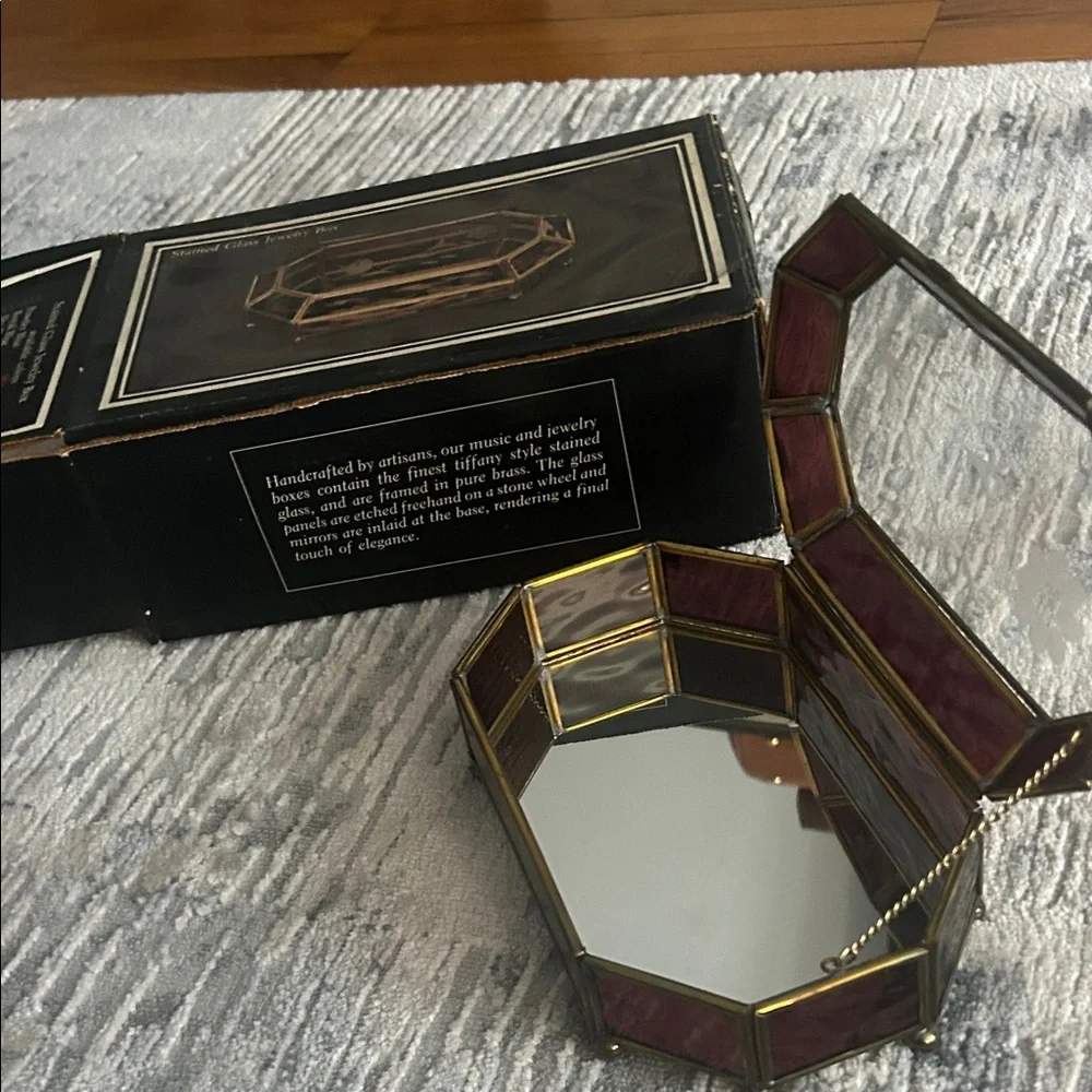 Vintage Handcrafted Stained Glass Jewelry Box | Mauve & Brass Etched Floral